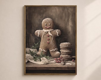 Gingerbread Christmas Wall Art Printable, Vintage Holiday Cookie Print, Rustic Kitchen Decor