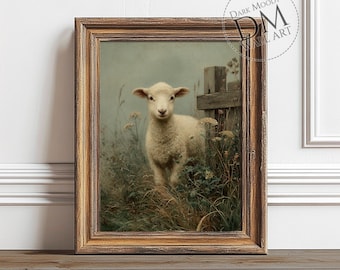Vintage lamsmuurkunstprint, humeurig rustiek boerderijdierdecor, digitale download