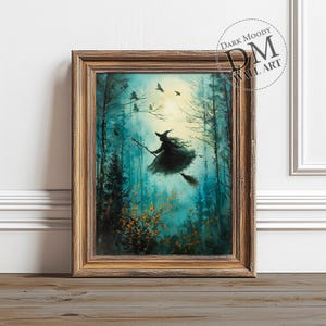 Witch on Broom Painting PRINTABLE Halloween Print, Flying Witch, Witch House Wall Decor, Rustic Print, Digital Download