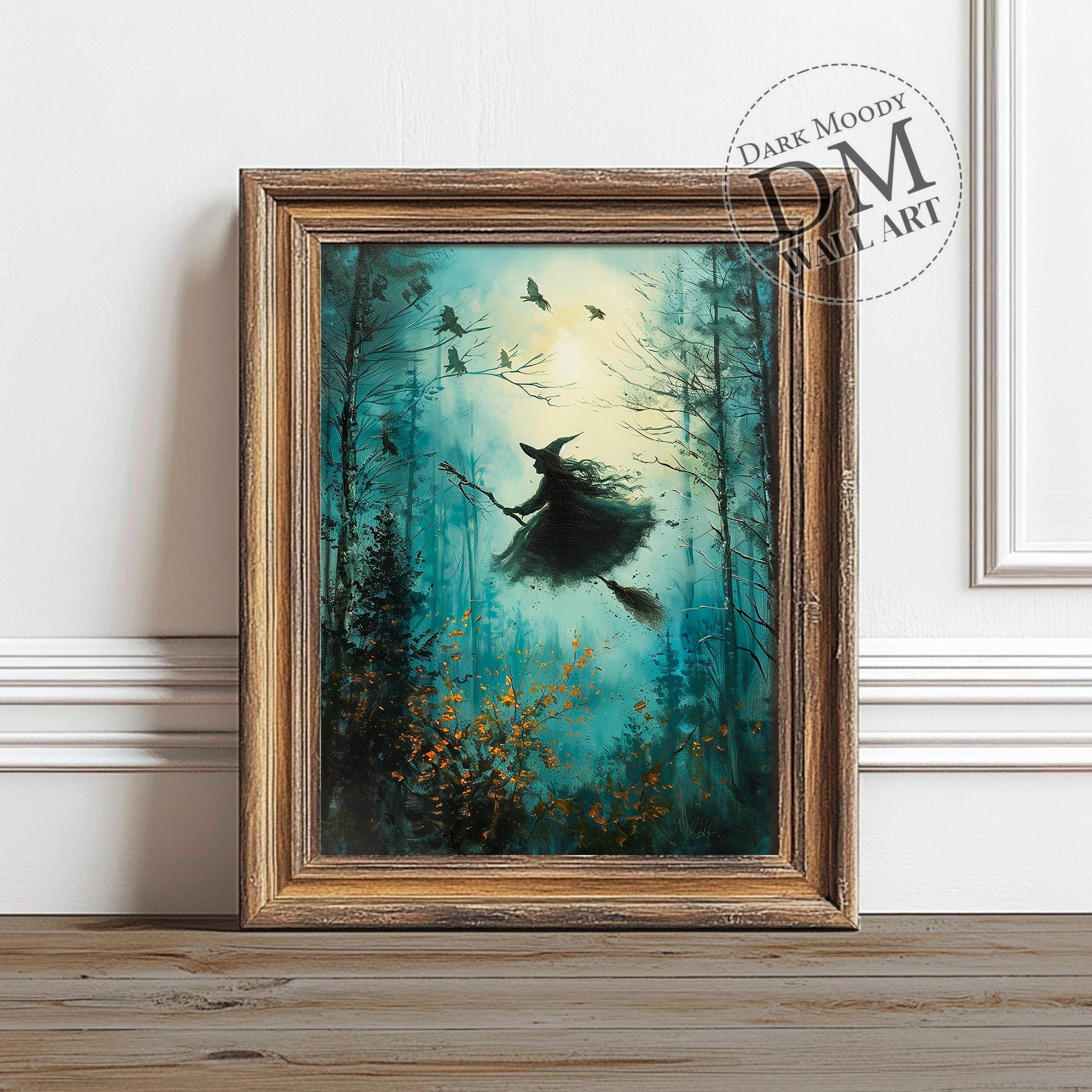 Hexe fliegen auf Besen Halloween Wand Kunst Druck, Gothic Wald druckbare Wandkunst, digitaler Download