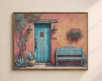May include: A framed print of a colorful exterior scene. A weathered turquoise door is set in a salmon-colored wall, with a matching bench and accents. The word "love" is above the door.