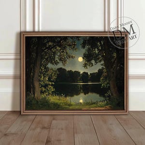 Moonlit Lake Printable Dark Moody Wall Art, Vintage Summer Night Landscape Print, Digital Download