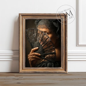Gothic Frau mit Spitzenfächer, druckbare dunkle Moody Wandkunst, mysteriöses Portrait, digitaler Download