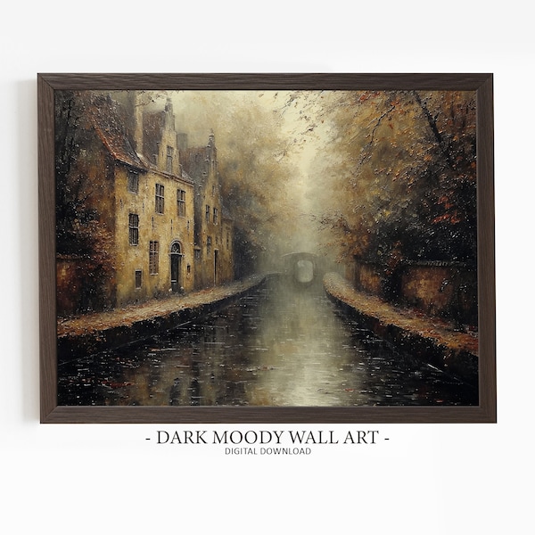 Dark and Moody French Cityscape Painting, Fall Dark Cottagecore Art, Printable Rustic Wall Decor