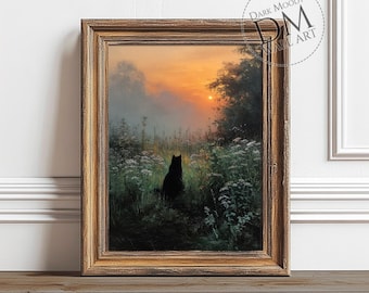 Black Cat at Sunset Printable Wall Art, Gothic Rustic Landscape Print, Vintage Digital Download