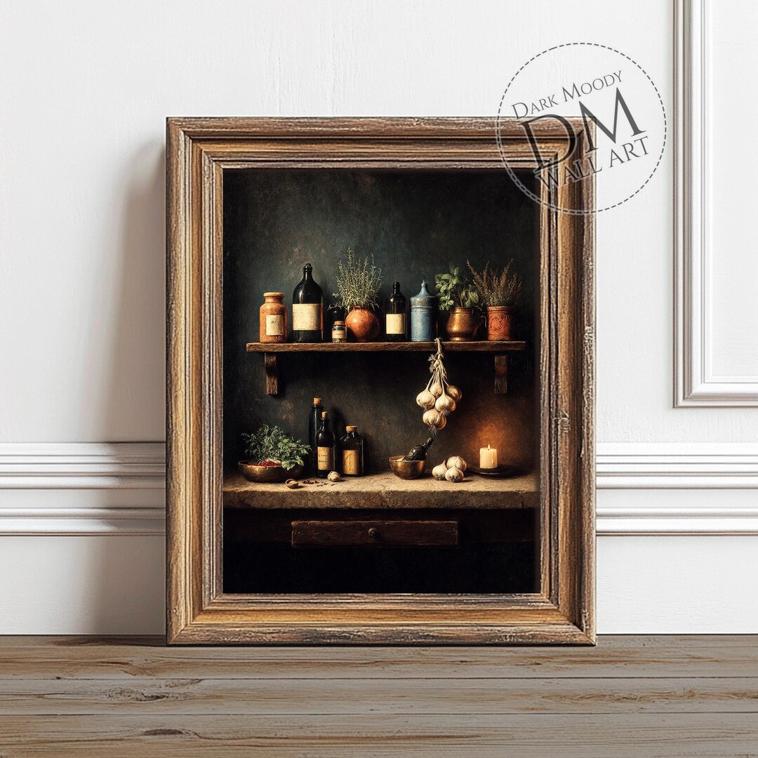 rustic cozy kitchen art prints under $7 shipped |... Rustic Kitchen Wall Art Printable, Moody Apothecary Herb Shelf Print ...