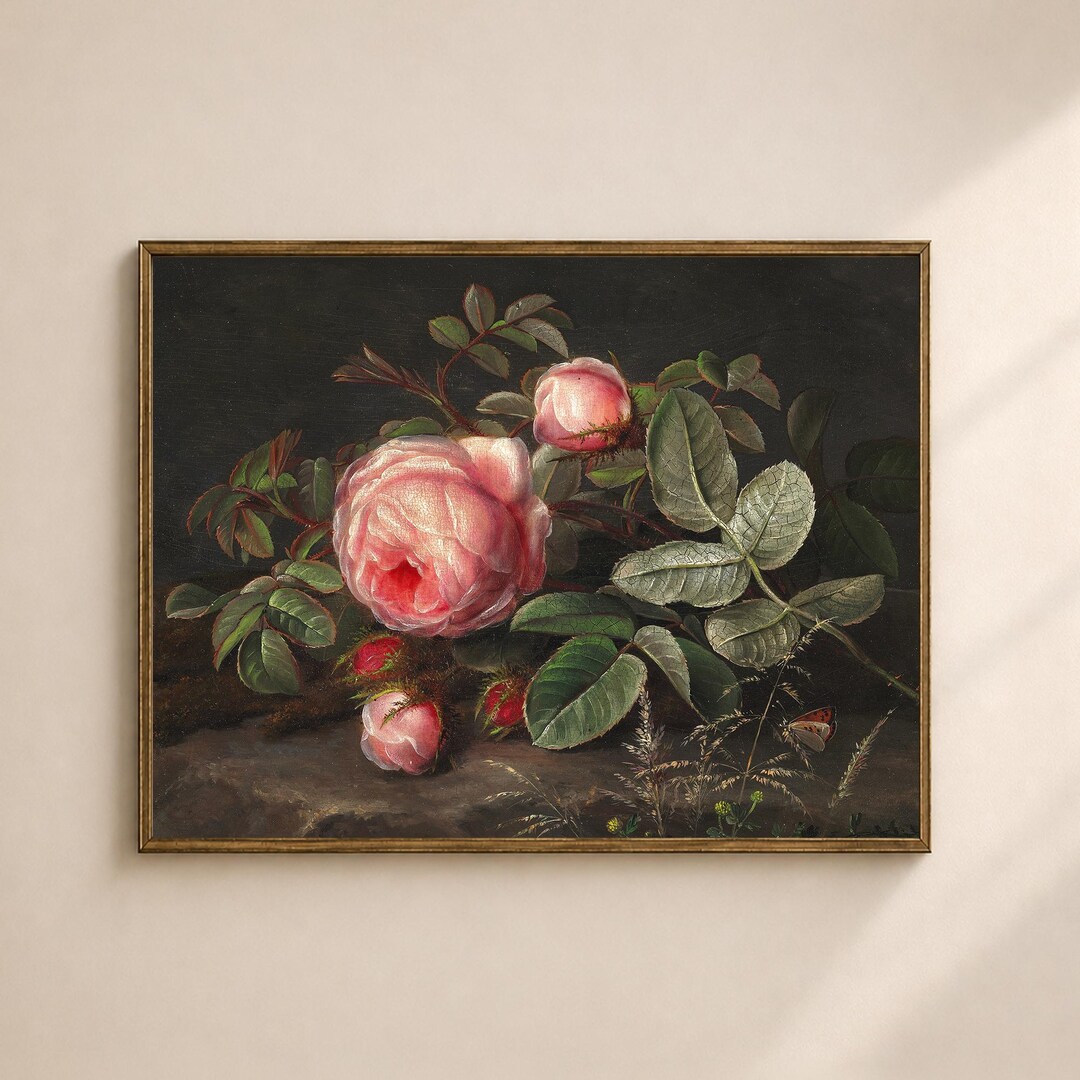 Vintage Rose Wall Art Printable, Moody Pink Floral Still Life Print ...