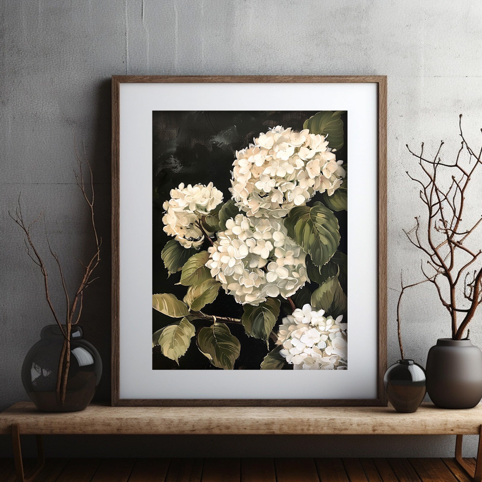 White Hydrangea Printable Wall Art, Dark Moody Floral Botanical Print ...