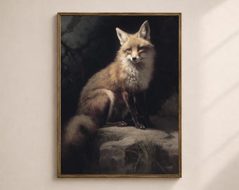 Fox Wall Art Printable, Moody Woodland Fox Print, Rustic Cottage Living Room Decor