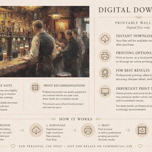 Pu&ograve; includere: Download digitale di una scena di pub in stile vintage. L'opera d'arte raffigura un bar con clienti e un barista. L'immagine ha una calda tavolozza di colori, con marroni e ori dominanti. L'immagine &egrave; etichettata "Download digitale" e include le istruzioni per la stampa.