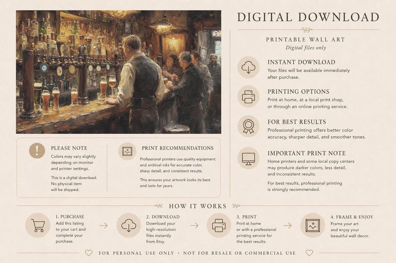 Pu&ograve; includere: Download digitale di una scena di pub in stile vintage. L'opera d'arte raffigura un bar con clienti e un barista. L'immagine ha una calda tavolozza di colori, con marroni e ori dominanti. L'immagine &egrave; etichettata "Download digitale" e include le istruzioni per la stampa.