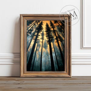 Moody Pine Forest Printable Wall Art, Golden Light Landscape, Digital Download