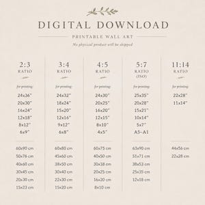 May include: Digital download printable wall art with various size ratios, including 2:3, 3:4, 4:5, 5:7, and 11:14. Each ratio lists print sizes in inches and centimeters, such as 24x36 inches and 60x90 cm.