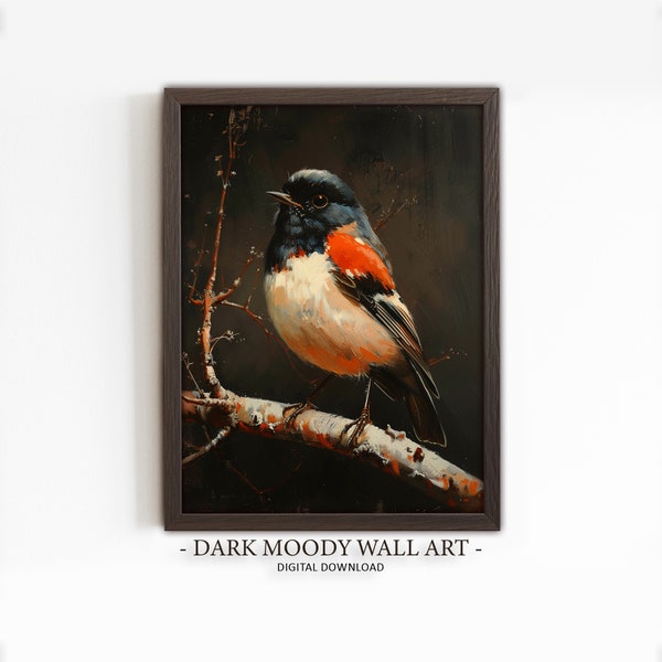Bird Painting, Moody Rustic Bird Print, Printable Dark Animal Art, Black Background Art, Digital Download