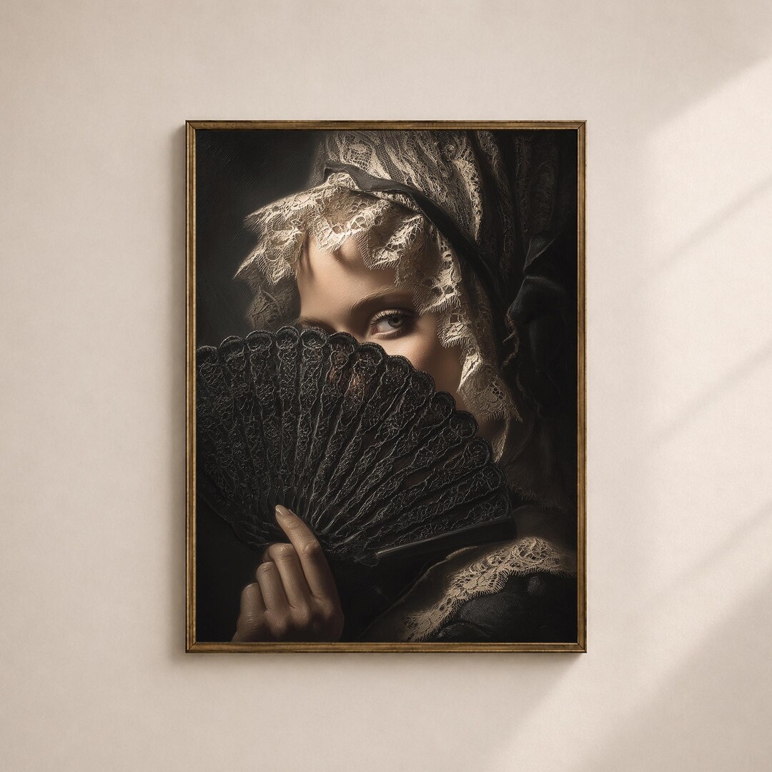 Victorian Portrait Wall Art Printable, Moody Woman With Lace Fan Print ...