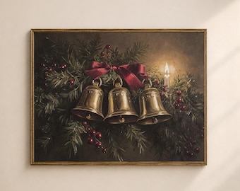 Christmas Bells Wall Art Printable, Vintage Holiday Bell Arrangement Print, Rustic Christmas Living Room Decor