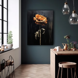 Lonely Flower Dark Moody Wall Art - Vintage Orange Floral Still Life