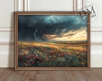 Stormy Field Landscape Printable Wall Art, Moody Nature Scene, Vintage Digital Download