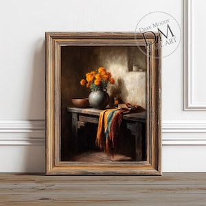 Dia de Muertos Marigold Still Life, Printable Dark Moody Wall Art, Rustic Mexican Print, Digital Download