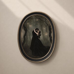 May include: An oval-framed wall art piece featuring a dark, moody painting of two figures in black clothing embracing in a misty forest. The scene is illuminated by small, glowing lanterns hanging from the twisted, dark tree branches above them.