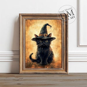 Black Cat with Witch Hat Print, Printable Vintage Halloween Print, Witchy Wall Art, Dark Academia Decor, Gothic Cottagecore Print, Witch Cat