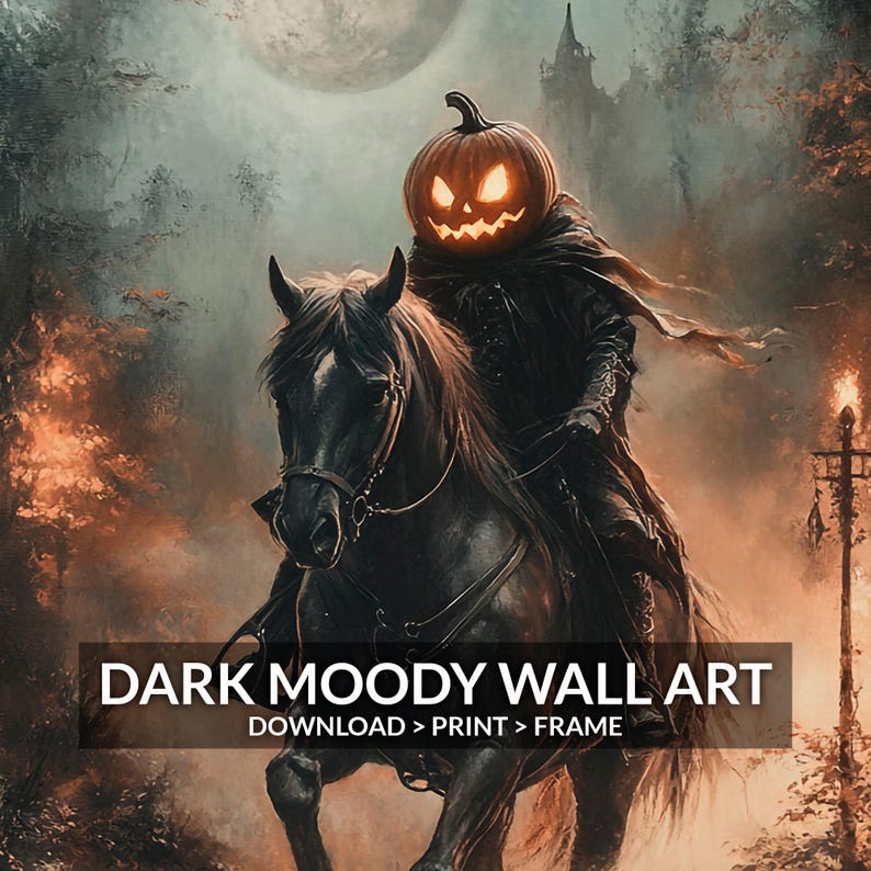 Headless Horseman Halloween Printable Wall Art, Gothic Spooky Pumpkin ...