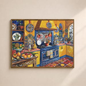 May include: A framed painting of a vibrant kitchen scene. The artwork features a blue stove, yellow walls, and colorful tiles. Fruits and vegetables are arranged on a table, and decorative plates hang on the wall, creating a warm, inviting atmosphere.