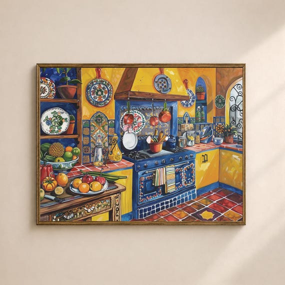 Mexican Kitchen Printable Wall Art, Rustic Talavera Decor Scene, Vintage Digital Download