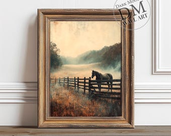 Vintage paard landschap kunst aan de muur, humeurige, rustieke landschap, digitale download