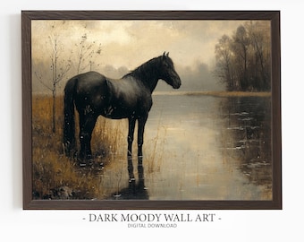 Impression cheval noir, estampes de paysages maussades, art cottage sombre lac, décoration murale rustique brumeux imprimable