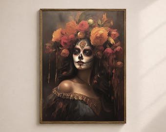 May include: A framed portrait of a woman with sugar skull makeup and a floral headdress. The artwork features a dark color palette with shades of brown, orange, and red. The woman is wearing a blue dress with gold trim and a delicate necklace.