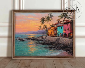 May include: A framed wall art print depicts a coastal scene at sunset. Colorful buildings line the shore, with palm trees and boats in the water. The sky is a blend of orange and pink hues, reflecting on the turquoise water.