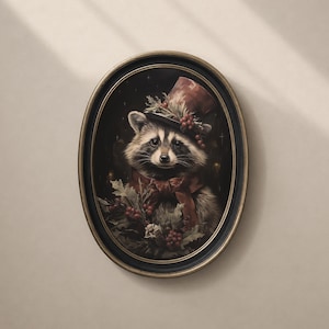 Christmas Raccoon Wall Art Printable, Moody Woodland Animal Print, Rustic Holiday Nursery Decor