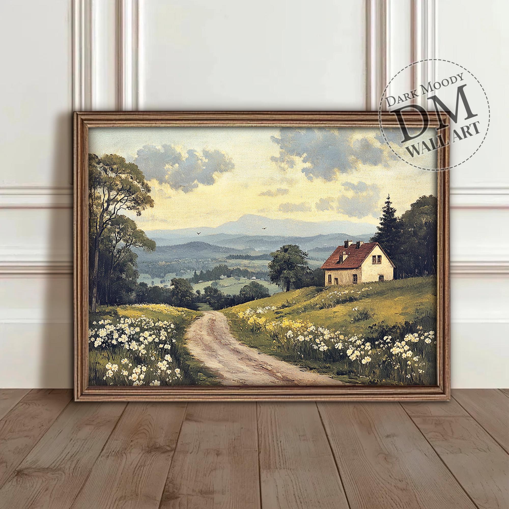 Countryside Landscape Wall Art Printable, Vintage Cottage Meadow Print ...