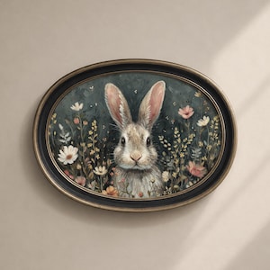 May include: An oval framed print depicting a rabbit amidst wildflowers. The rabbit has long ears and a soft, grey and white coat. The flowers are in shades of white, pink, and yellow against a dark green backdrop. The frame is black with a gold inner edge.