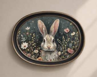 Arte de pared imprimible de conejo de primavera, impresión de Pascua de conejito melancólico con flores, descarga digital vintage