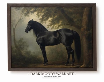 Antique Black Horse Wall Art Painting - Dark Moody Rustic Landscape Vintage Farmhouse Artwork Printable Oil Painting