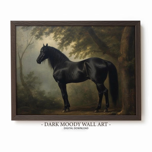 Peinture d'art murale cheval noir antique - paysage rustique sombre et maussade vintage ferme oeuvre d'art imprimable peinture à l'huile