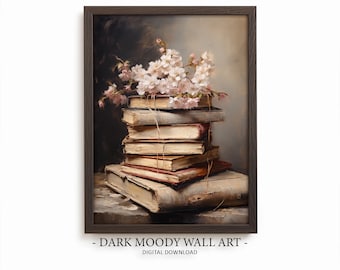 Cherry Blossom Books Printable Wall Art, Vintage Spring Still Life Print, Digital Download