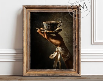 Vintage Tea Cup Wall Art Printable, Moody Victorian Tea Still Life Print, Dark Academia Decor