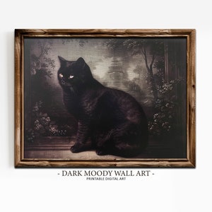 Antique Black Cat Painting Dark Moody Wall Art Printable Dark Academia Decor Gothic Cottagecore Print