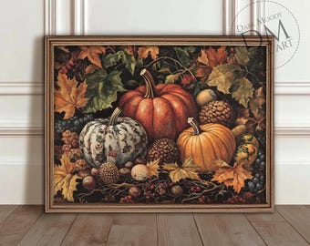 Pumpkin Wall Art Printable, Vintage Autumn Harvest Still Life Print, Rustic Kitchen Decor