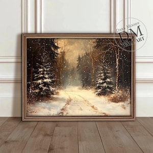 Snowy Forest Path Winter Landscape Printable Wall Art, Moody Christmas Scene, Digital Download