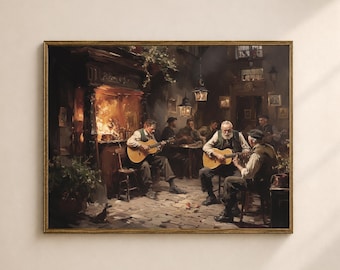 Irlandzka scena pubowa do druku, wydruk z rustykalną tawerną muzyczną, vintage'owe pobieranie cyfrowe