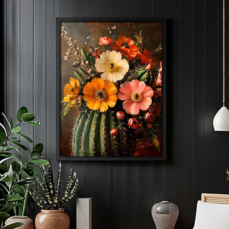 May include: A vintage still life painting of a cactus with blooming flowers in shades of pink, orange, and yellow. The cactus is green and has a prickly texture. The flowers are arranged in a vase.