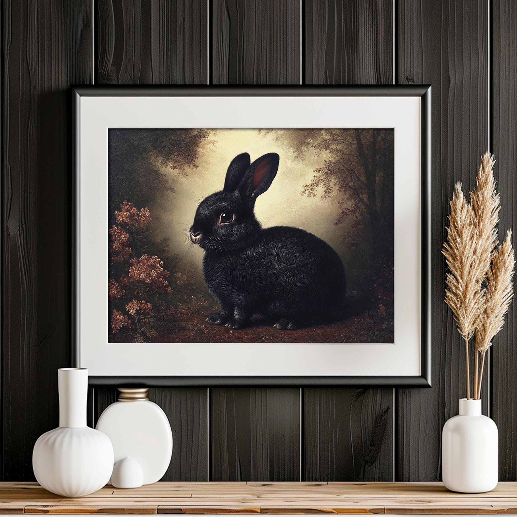 Black Rabbit Printable Wall Art, Gothic Woodland Animal Print, Vintage ...