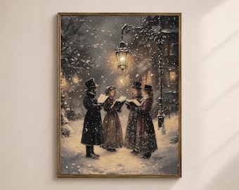 May include: A framed print depicts a winter scene with four figures singing carols under a lamppost. The figures are dressed in period clothing, and snow falls around them. The artwork has a warm, inviting feel, with soft lighting and muted colors.