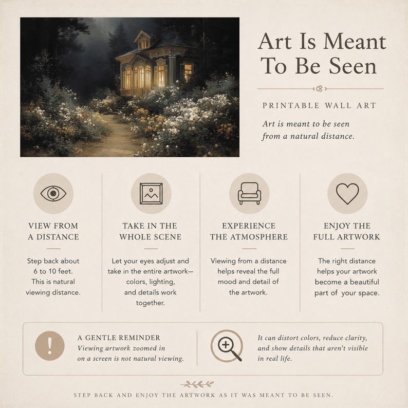 May include: Printable wall art with the text "Art Is Meant To Be Seen." The image features a dark, atmospheric landscape with a building illuminated by warm light. The artwork is meant to be viewed from a natural distance.