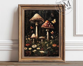 Witchy Mushroom Forest Printable Wall Art, Gothic Halloween Fairy Print, Vintage Digital Download