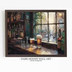アルコールビールとウイスキーの絵画プリント、ダークでムーディーなアイリッシュパブアート、聖パトリックの日のプリント、バーカートの印刷物、アイルランドの壁装飾